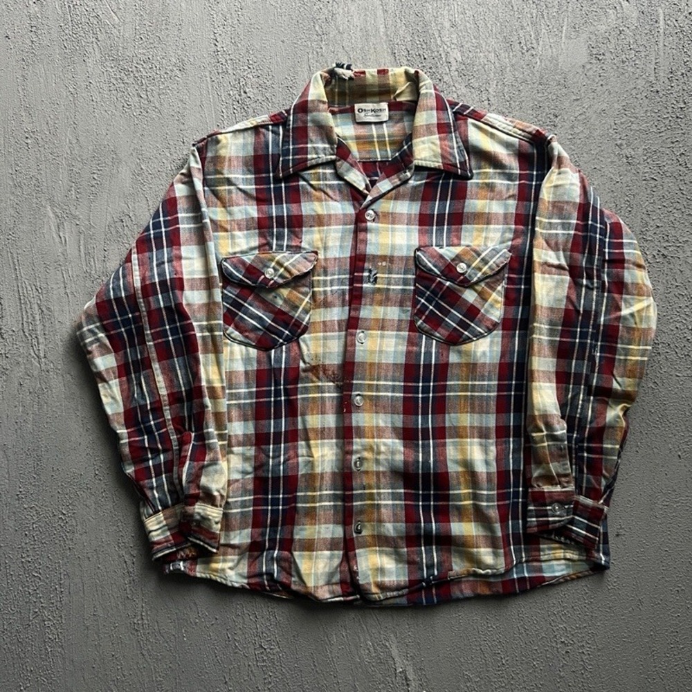 Vintage OshKosh Flannel Shirt Large 1970s Plaid Workwear Distressed